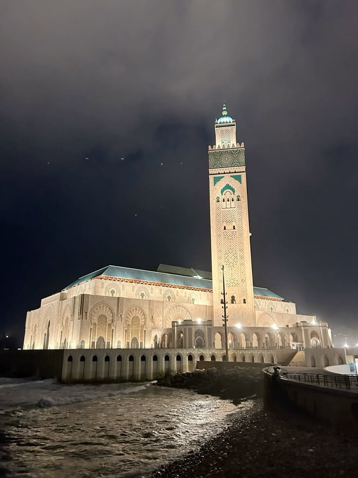 Casablanca mosque morocco sea night